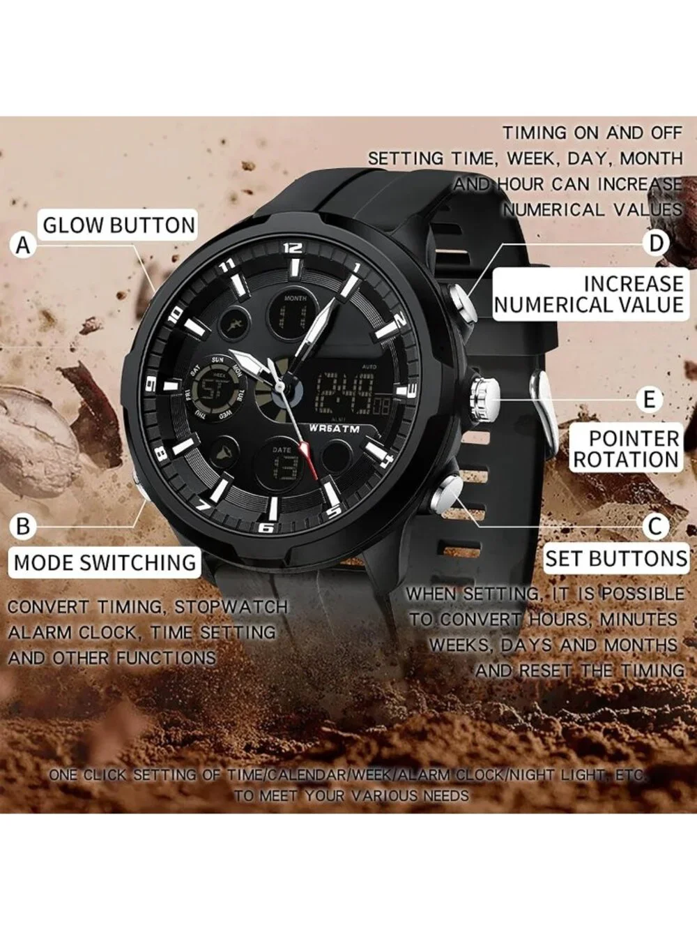 Men Black Large Face Watches Chronograph Waterproof Sport Military Heavy Duty